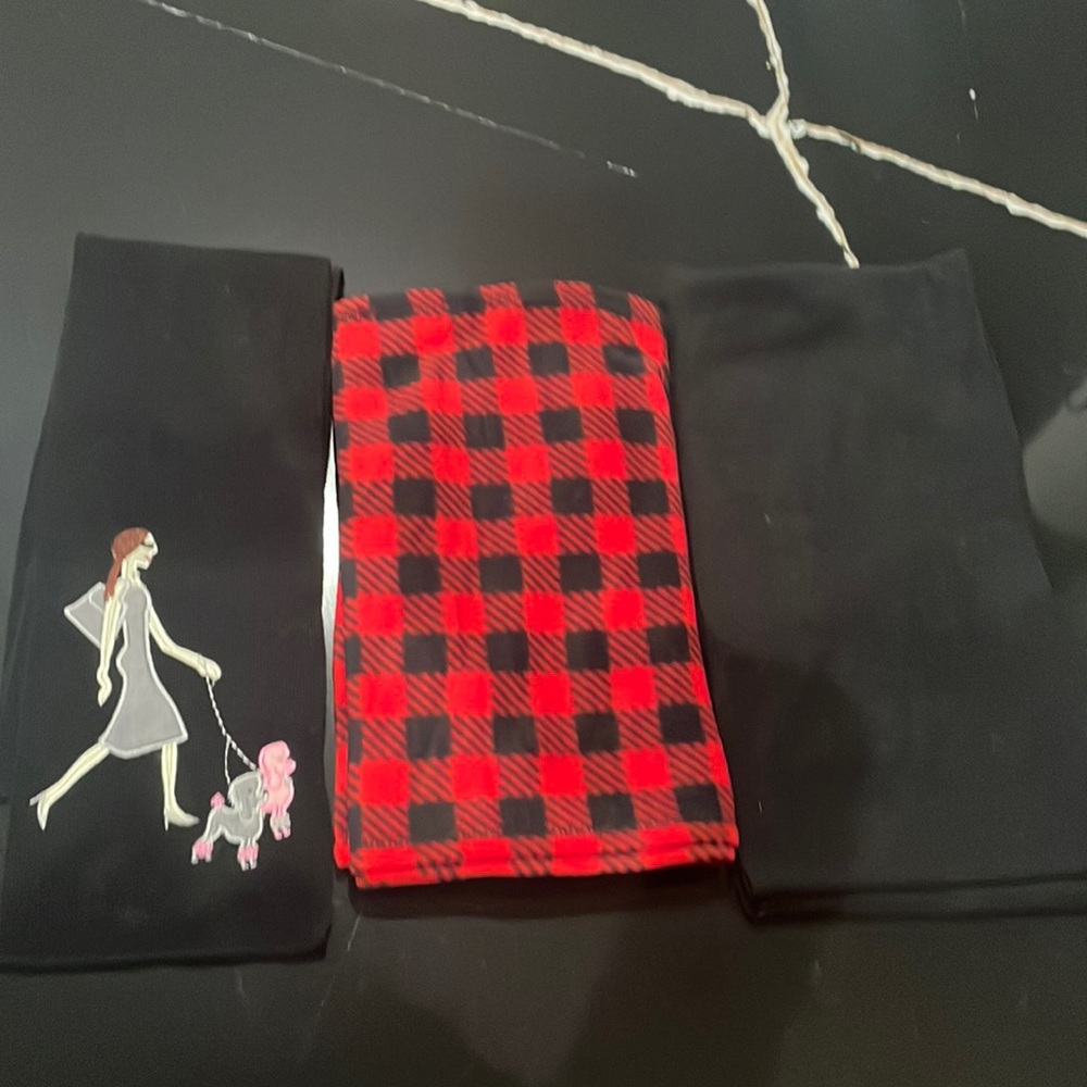 Set of three scarfs 1 featuring poodle dogs,1 red/black checkers and 1 black NH7